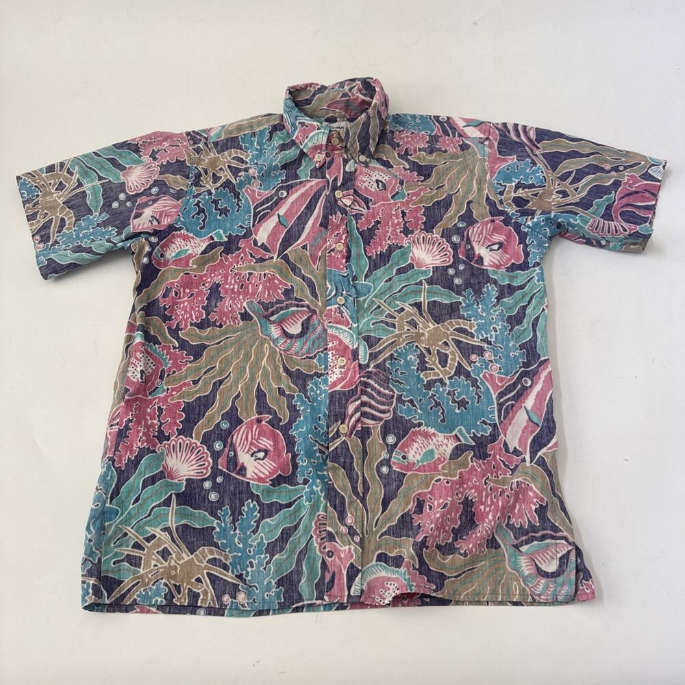 Vintage 90s Reyn Spooner Hawaiian Shirt Medium Coral Deep Sea Reverse Fabric